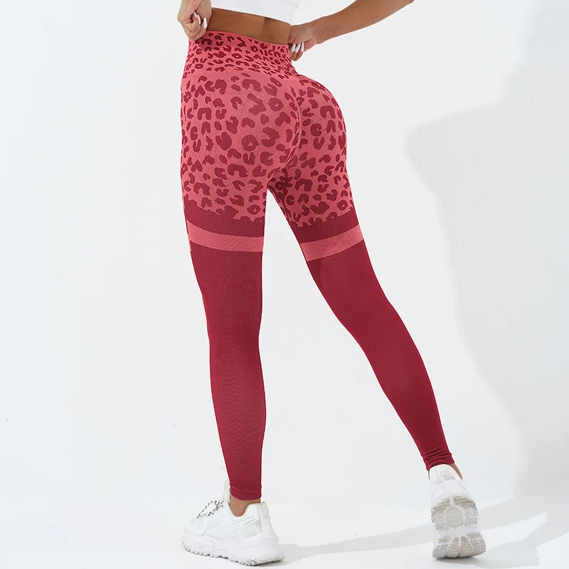 

Europe and the United States leopard peach hip fitness pants female external wear sports high-waisted tight hip lift yoga pants