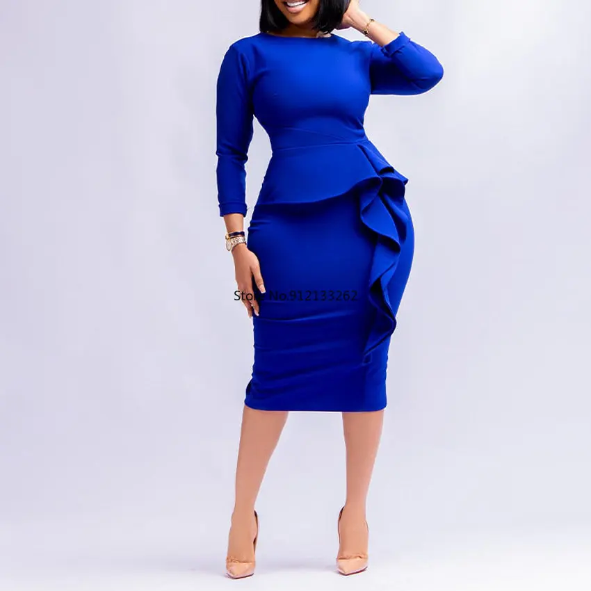 

Spring Autumn African Women Long Sleeve O-neck Orange Blue Knee-length Dress S-3XL African Dresses for Women