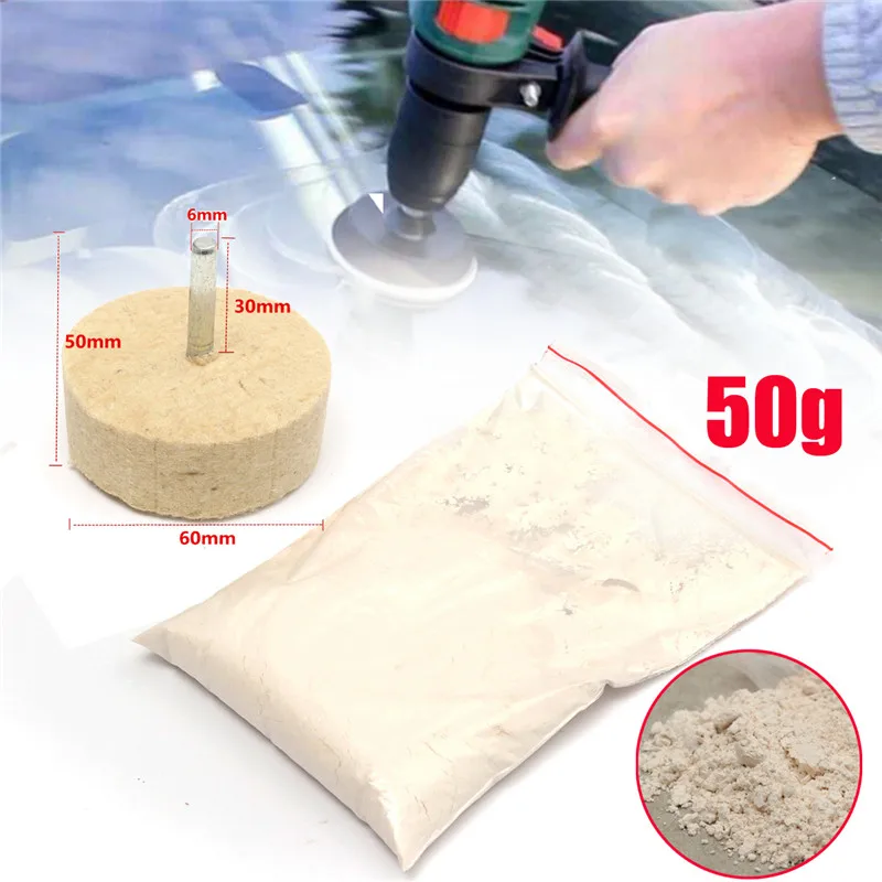 

50g Cerium Oxide Powder + Wool Felt Wheel Polishing Kit For Car Window Watch Glass Cleaning Scratch Removal Abrasive Tool