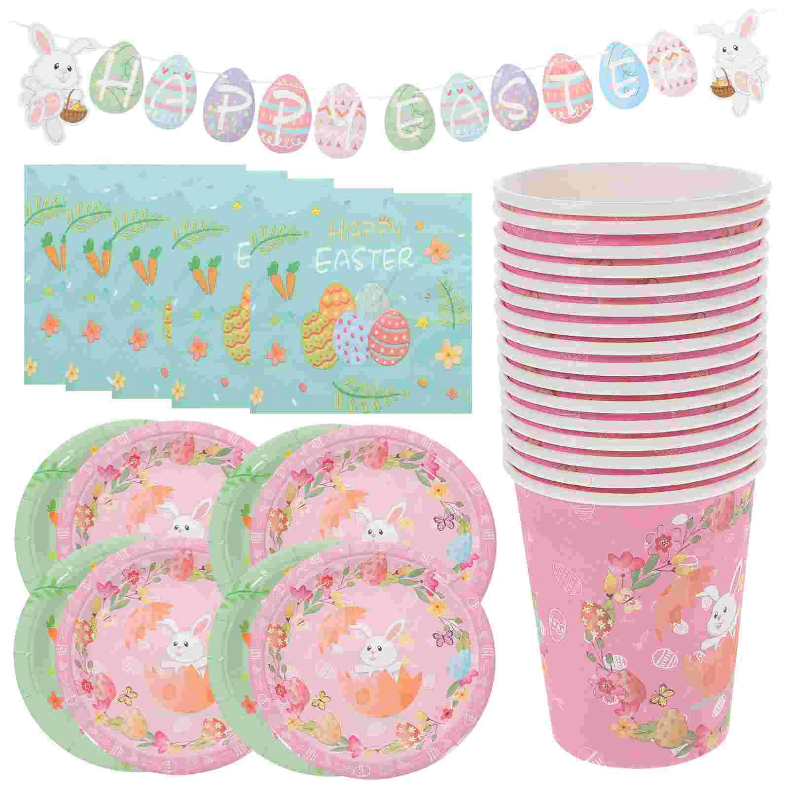 

Easter Party Tableware Supplies Bunny Plates Paper Birthday Disposable Set Utensils Kit Decorations Flatware Dessert Dinner