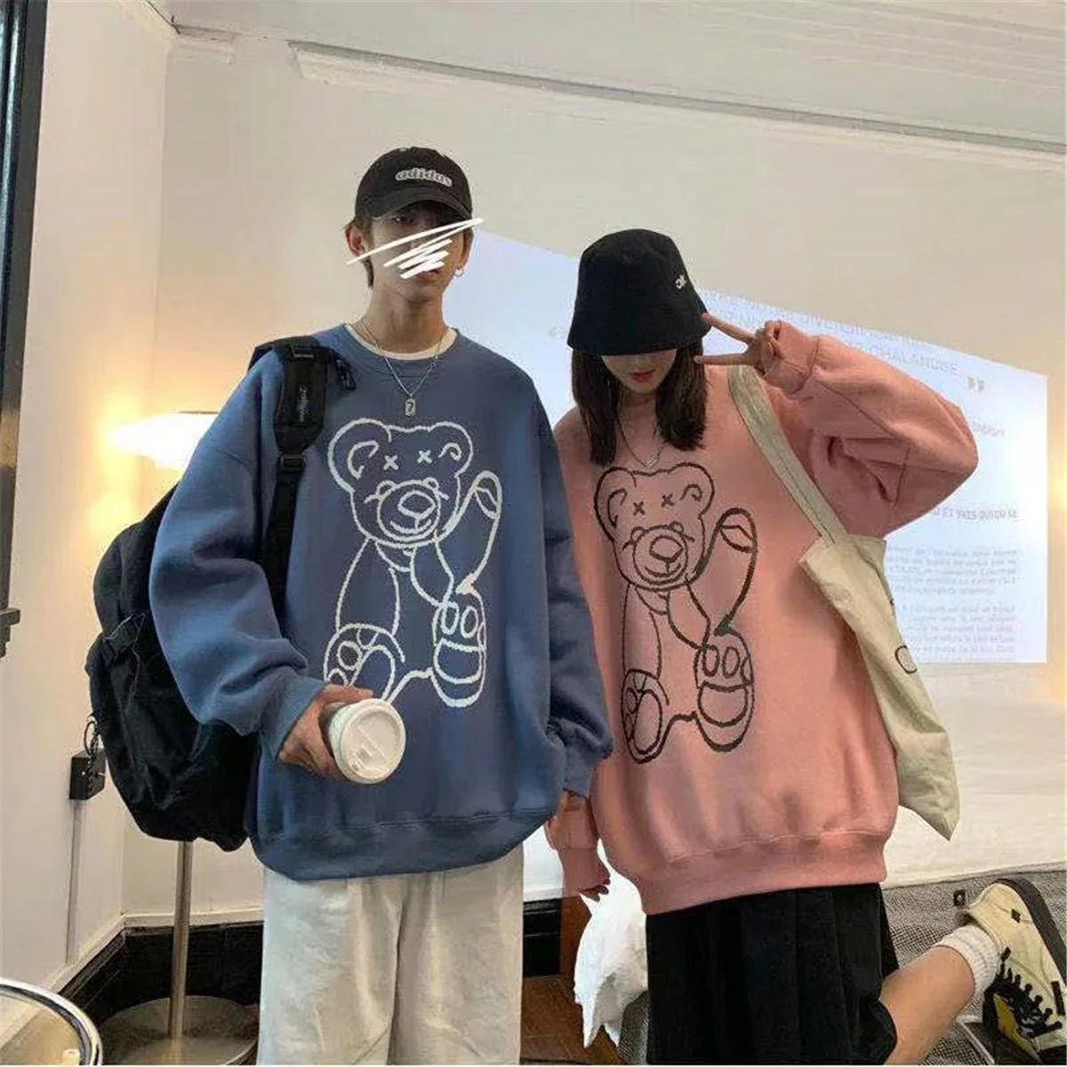 

Cute Couple Bear Print die Autumn Fasion Sweatsirt Women Punk Cartoon Tops Vintae Oversized Pullover Kawaii die irl