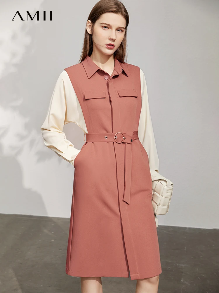 AMII Minimalist Dress for Women 2022 Autumn New Splicing Vintage Niche Design Commuter Petite Temperament Slim Vestidos 12230310