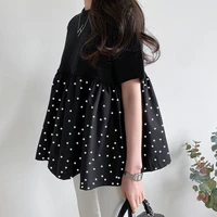 womens t shirt patchwork round neck polka dot sweet loose short sleeve fashion blouse summer japan korean style 2022 baggy tops