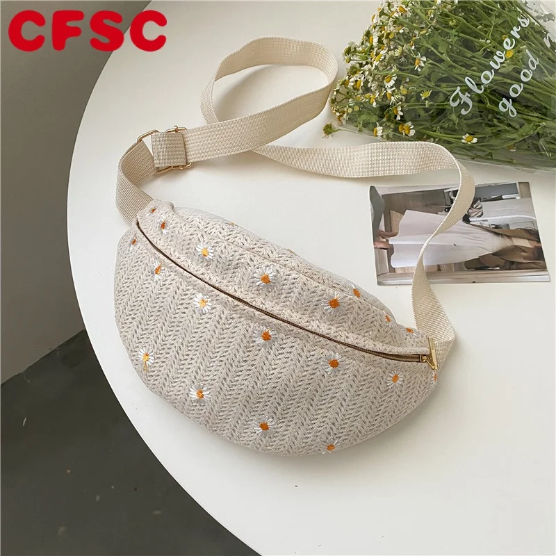 

Straw Bag Beach Women Waist Pack Bag Purse Casual Large Daisy Flower Bag Pouch Travel Phone Bag Fanny Banana Bag