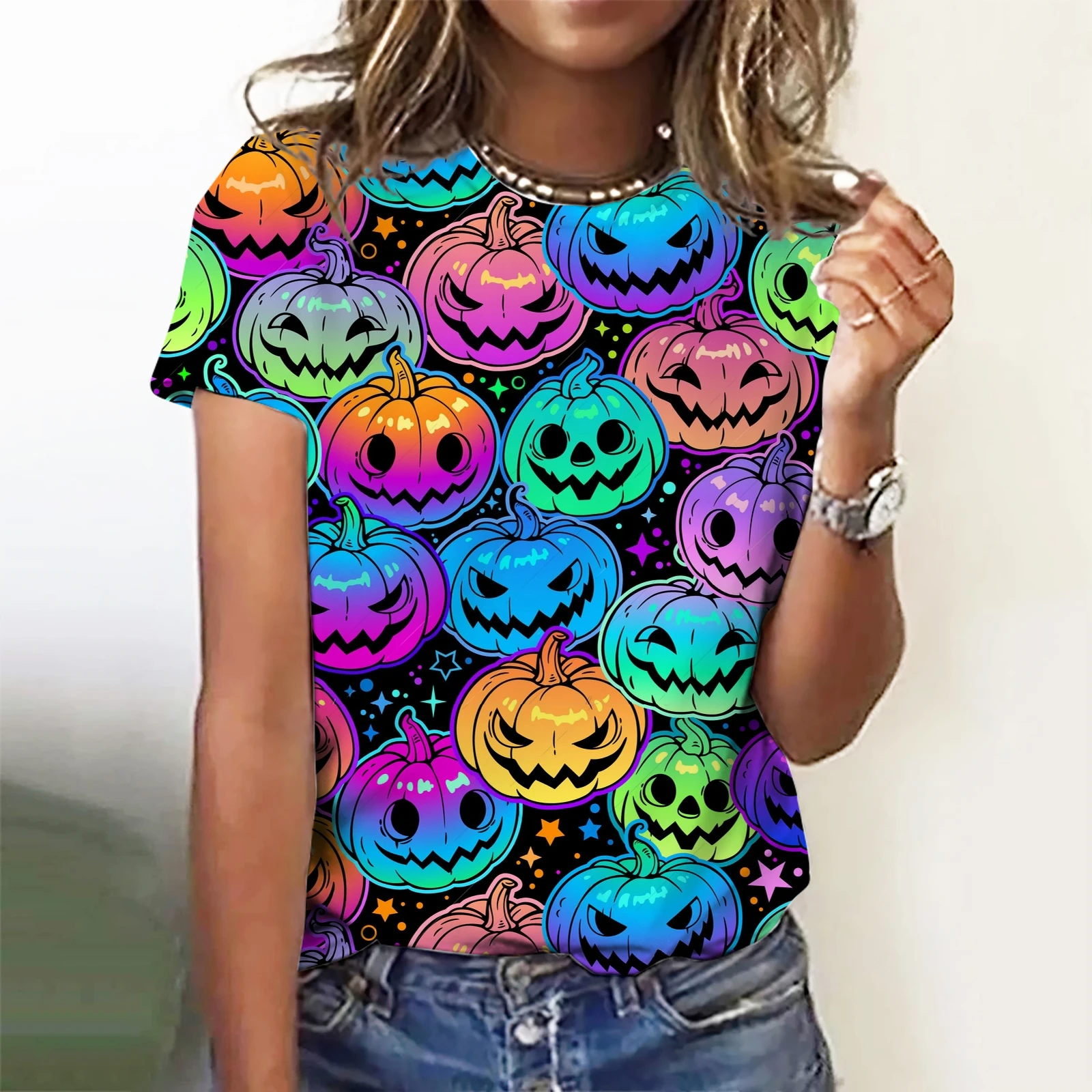 

2023 New Halloween Collection 3D Printing Women's T-shirt Large Round Neck Pumpkin Textured Bat Candy Girl Top