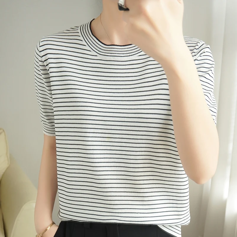 

Striped Ice Silk Knitted T-Shirt Ladies 2022 Summer New Short-Sleeved Sweater Loose Thin Vest Bottoming Shirt Casual Women's Top