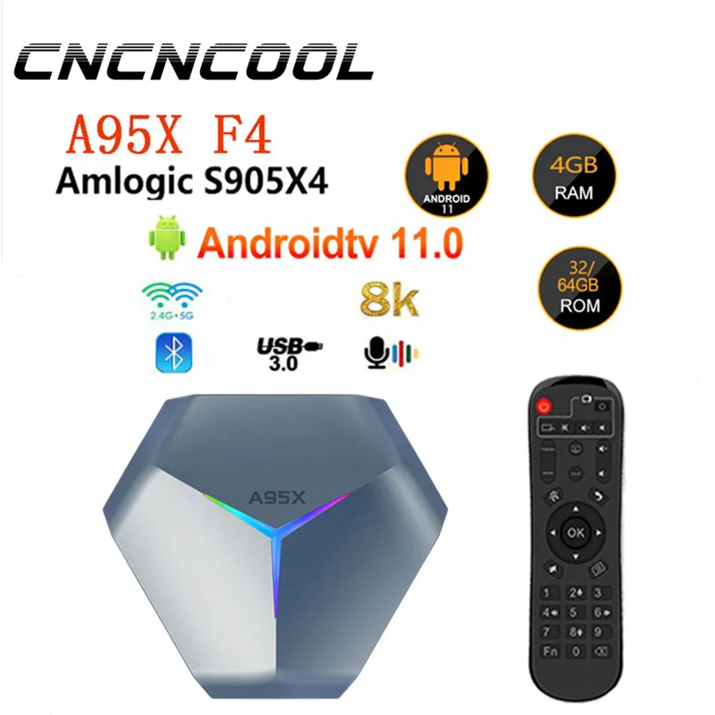 ТВ-приставка Cncncool A95X F4 с RGB светильник кой Android 11 Amlogic S905X4 4 ГБ 64 32 Wi-Fi BT медиаплеер