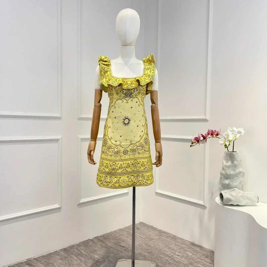 

2023 New Arrivals High Quality Linen Paisley Printing Sleeveless Lace Up Backless Sweet Holiday Yellow Mini Dress