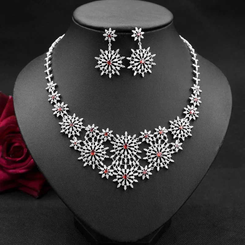 

Fashion Vintage Snow Flower Design 2pcs Zirconia Necklace and Earring Set Women Bridal Wedding Jewelry collier femme N-948