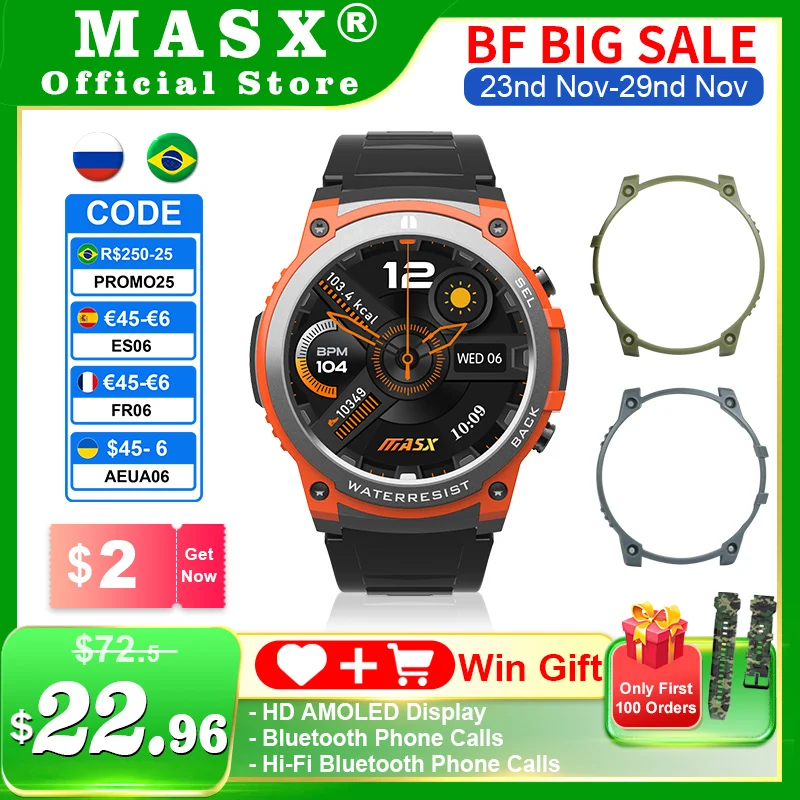 MASX Aurora one smart watch 1.43'' AMOLED Display 400mAH bluetooth call Military-grade Toughness 5ATM Waterproof Sport watch