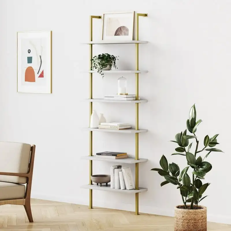 Theo 6-Shelf Tall Bookcase Wall Mount Bookshelf White Wood with Gold Brass Metal Frame White/Gold for Bedroom Living Room or Kit