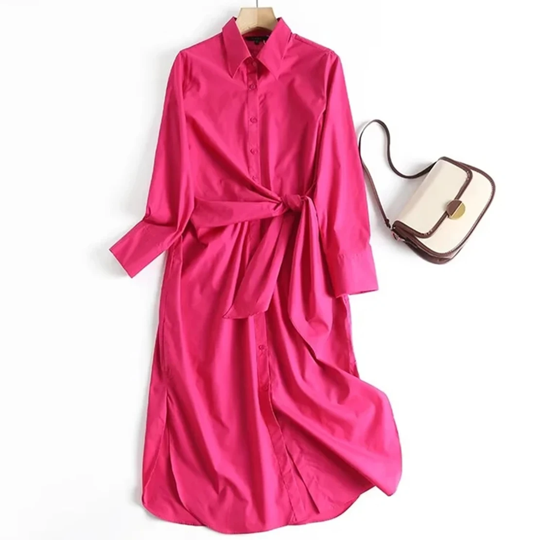 

Elmsk Pure Cotton Fashion Simple Sahes Casual Long Shirt Rose Red Color Dress Women