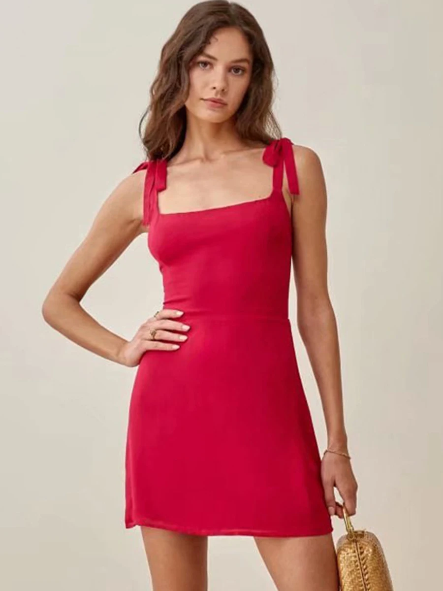 

Однотонные Пикантные мини-платья На Шнуровке Для Женщин, облегающее женское платье без рукавов с квадратным вырезом и открытой спиной, модные элегантные платья 2023