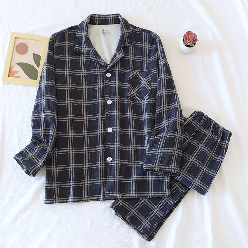 Nightwear Men Clothing Set Large Plaid Washed Crepe Pajama Four Seasons Thin Lapel Daddy Long Sleeve Pants Double Seekers Pijama