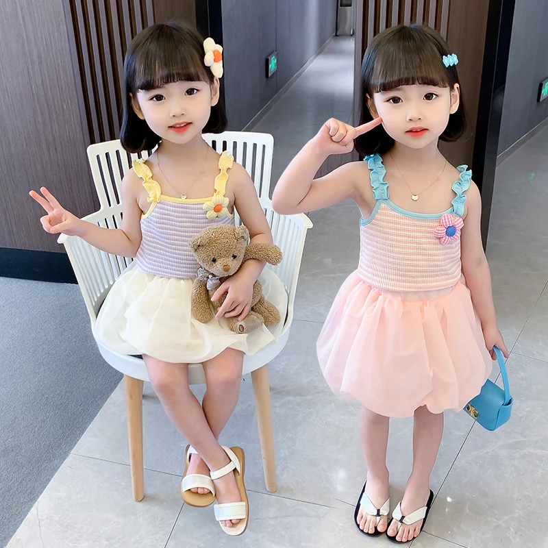 Princess Kids Baby Dress Vest Top Set for Girls Cute Dress Suit Sleeveless Striped Tank Skirt Set Party Birthday Summer Dresses