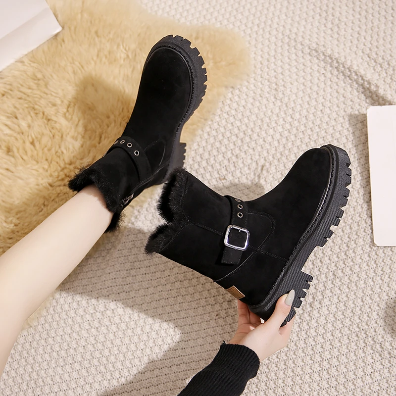 

British Snow and Wind Boots Women's 2022 Fashion Non Slip Cotton Shoes Winter Fleece Warm Side Zipper Belt Buckle Women's Boots