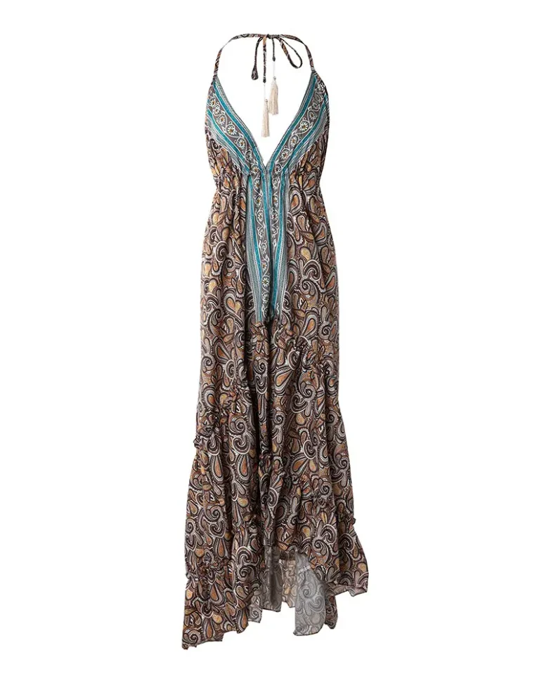 One Piece Summer Dresses Woman 2022 New Fashion Halter Backless Ruffle Hem Paisley Print Vacation Vintage Dress