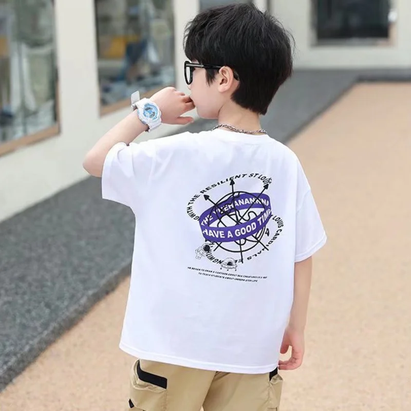 Children's Round Neck New Temperament Summer T-shirt Five-point Sleeve Simple Trend All-match Korean Style Children's Clothing