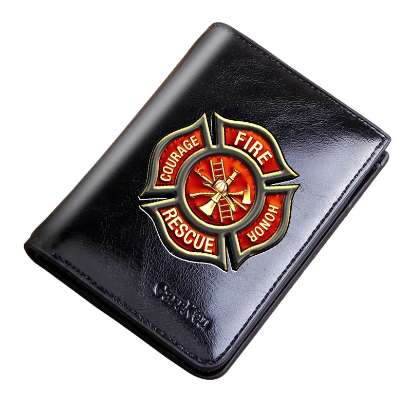 

Male Genuine Leather Wallets Fire Rescue Courage Honor Printing Men Wallet Small Card Holder Hasp Pocket Zipper Short Purses