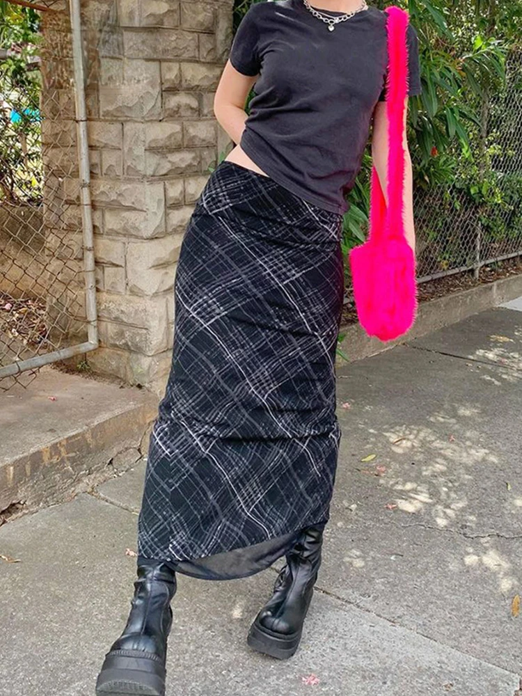 

Новинка 2022, весенне-летние длинные фатиновые юбки в клетку в стиле гранж для женщин, Милая Черная юбка в стиле Харадзюку С заниженной талией,...