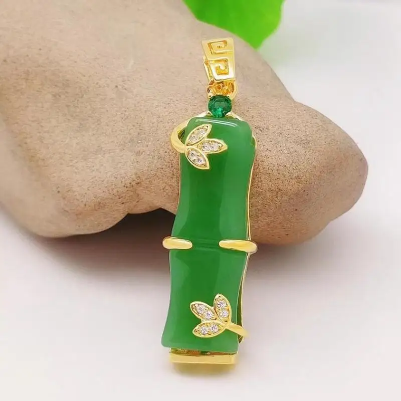 

Natural Green Jade Bamboo Pendant High Ice Grade A Myanmar Jadeite With Zircon Emerald Bamboo Charms Necklace For Women Gifts