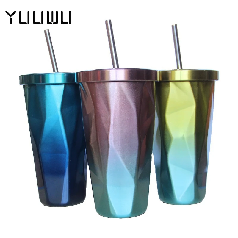 

500ml/17oz Double Wall 304 Stainless Steel Coffee Bottle with Straw To Go Cold Beer Cup Insulated Water Tumbler Mug Travel
