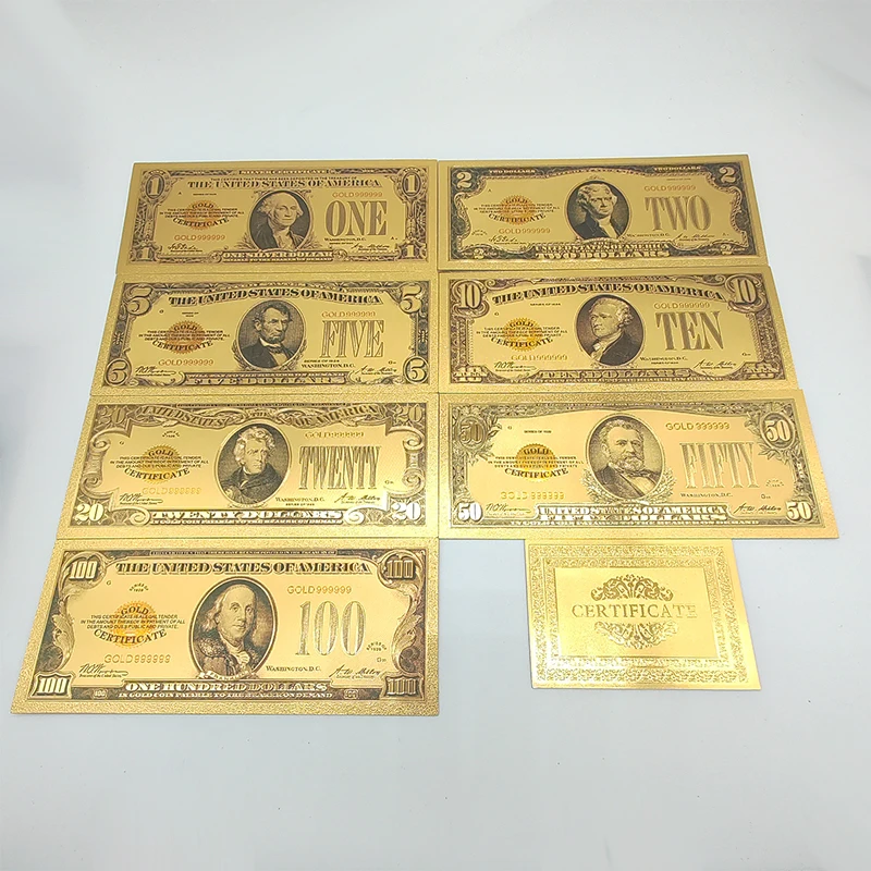 10 Pcs Gold Plated Dollar Bills 1/2/5/10/20/50/100 Denomination Fake Money Collectible Souvenir Gift