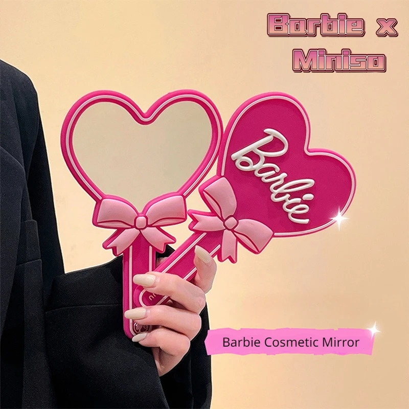 

2023 New Trend MINISO Barbie Cosmetic Mirror Portable Pink Silicone Pocket Mini Handheld Makeup Mirror Outdoor Ues Girls Gift