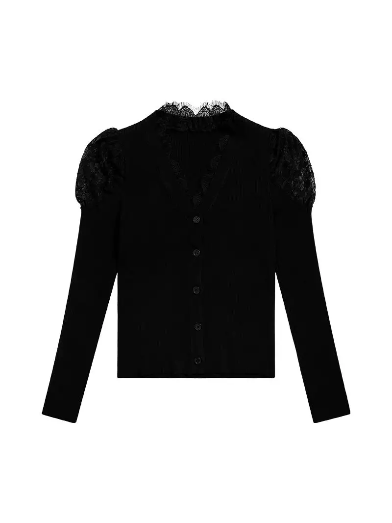 Черная трикотажная рубашка с v-образным вырезом и кружевным низом женская