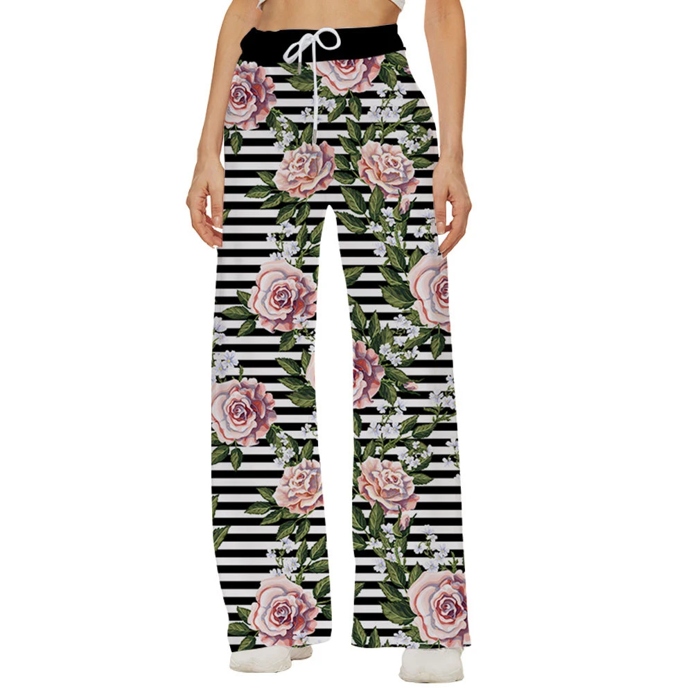 

Women Bottoms Sweatpants Wide Leg Pants Rose Printing Trousers High Waist Women Casual Female Trousers Streetwear