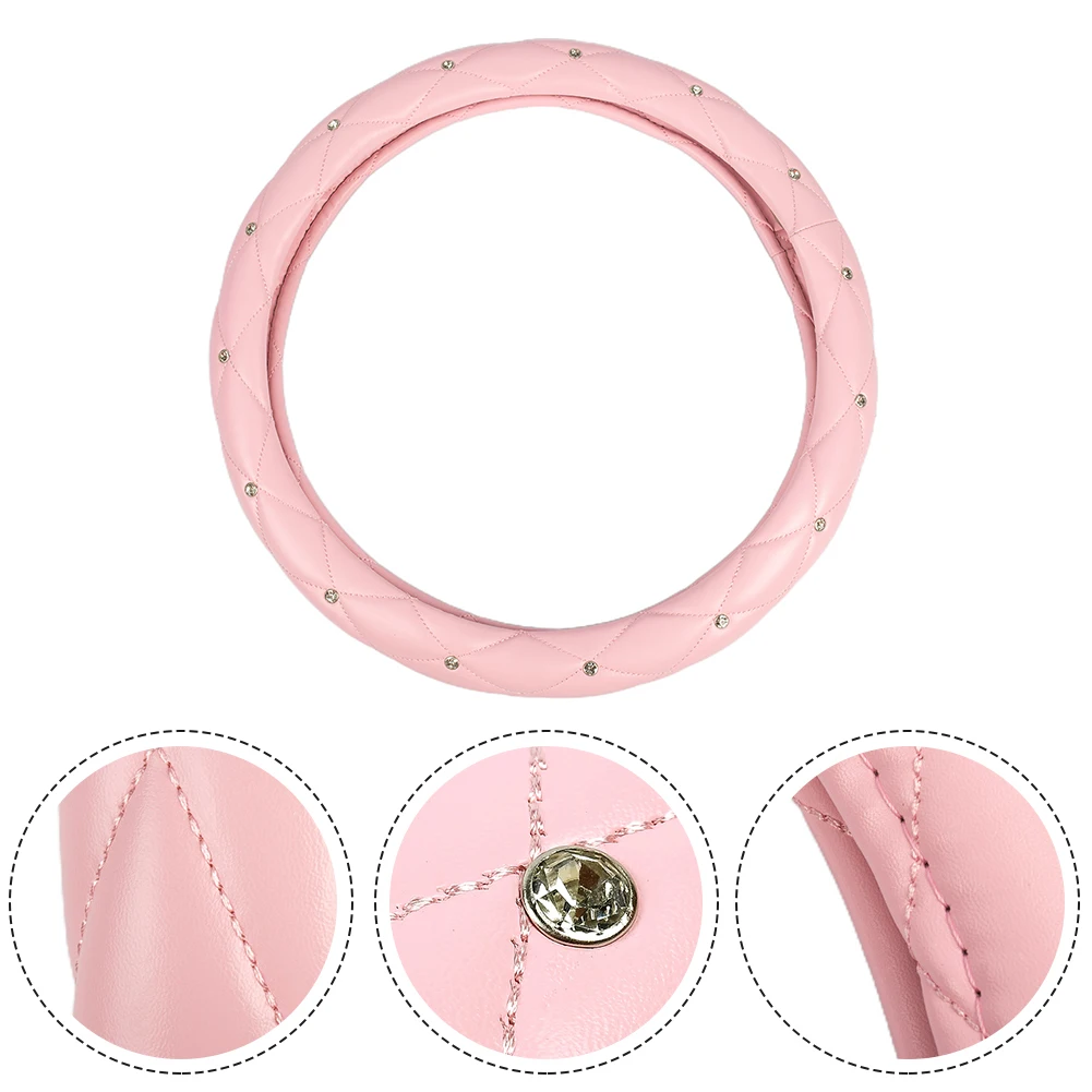 

1pc Car Pink Steering Wheel Covers PU Leather 37-38cm/15" Bling Protector With Rhinestone Case Decoration Interior Accessories