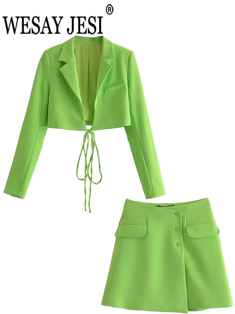 

WESAY JESI 2022 Women's Blazers Suits Long Sleeve Cropped Lace Up Blazer + Slim Mini Skirt Suit Solid Lady Sexy 2 Pieces Sets