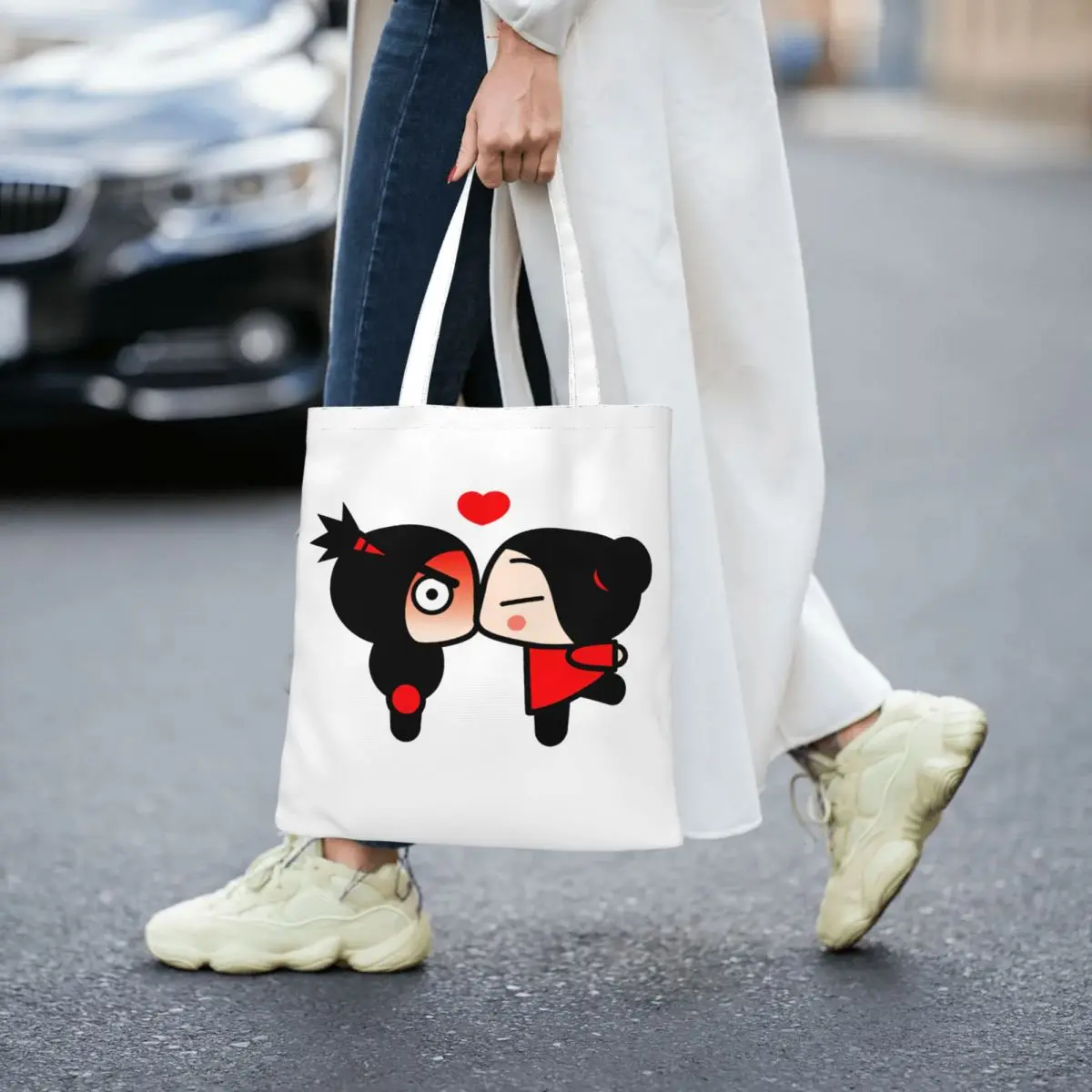 Pucca And Garu Women Canvas Handbag Large Capacity Shopper Bag Tote Bag withSmall Shoulder Bag