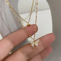 new elegant silver color shiny butterfly pendant necklaces ladies exquisite double layer clavicle chain necklace jewelry gift