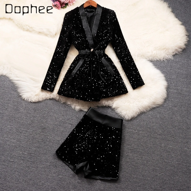 

Женский короткий комплект и блузка, модель 2022 года, женская блузка с длинным рукавом, шорты с высокой талией, женский элегантный черный комп...