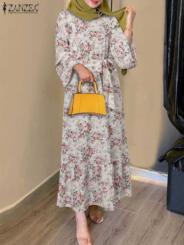 

Платье ZANZEA женское с цветочным принтом, модный мусульманский Элегантный Ретро сарафан с расклешенным рукавом и круглым вырезом, винтажная одежда