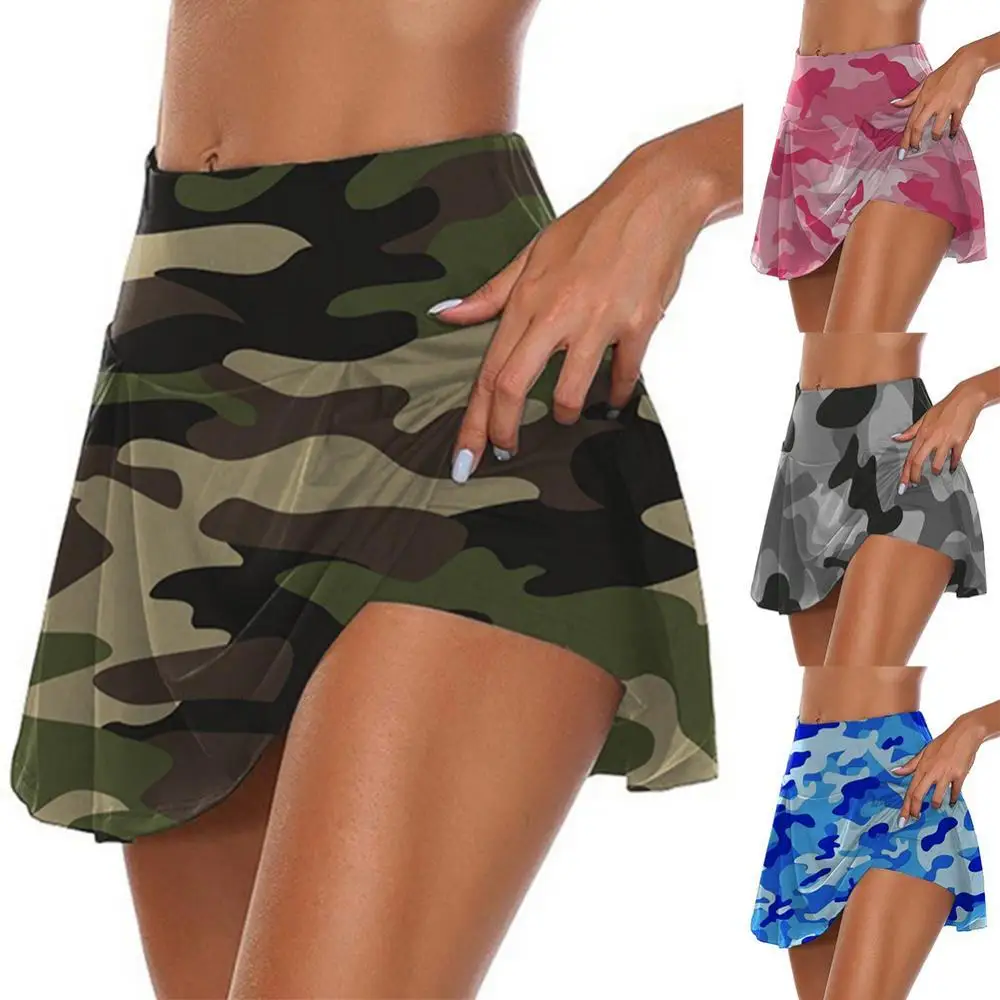 

Sports Shorts Women Elastic Breathable Camouflage Fake Two Piece Mini Skirt