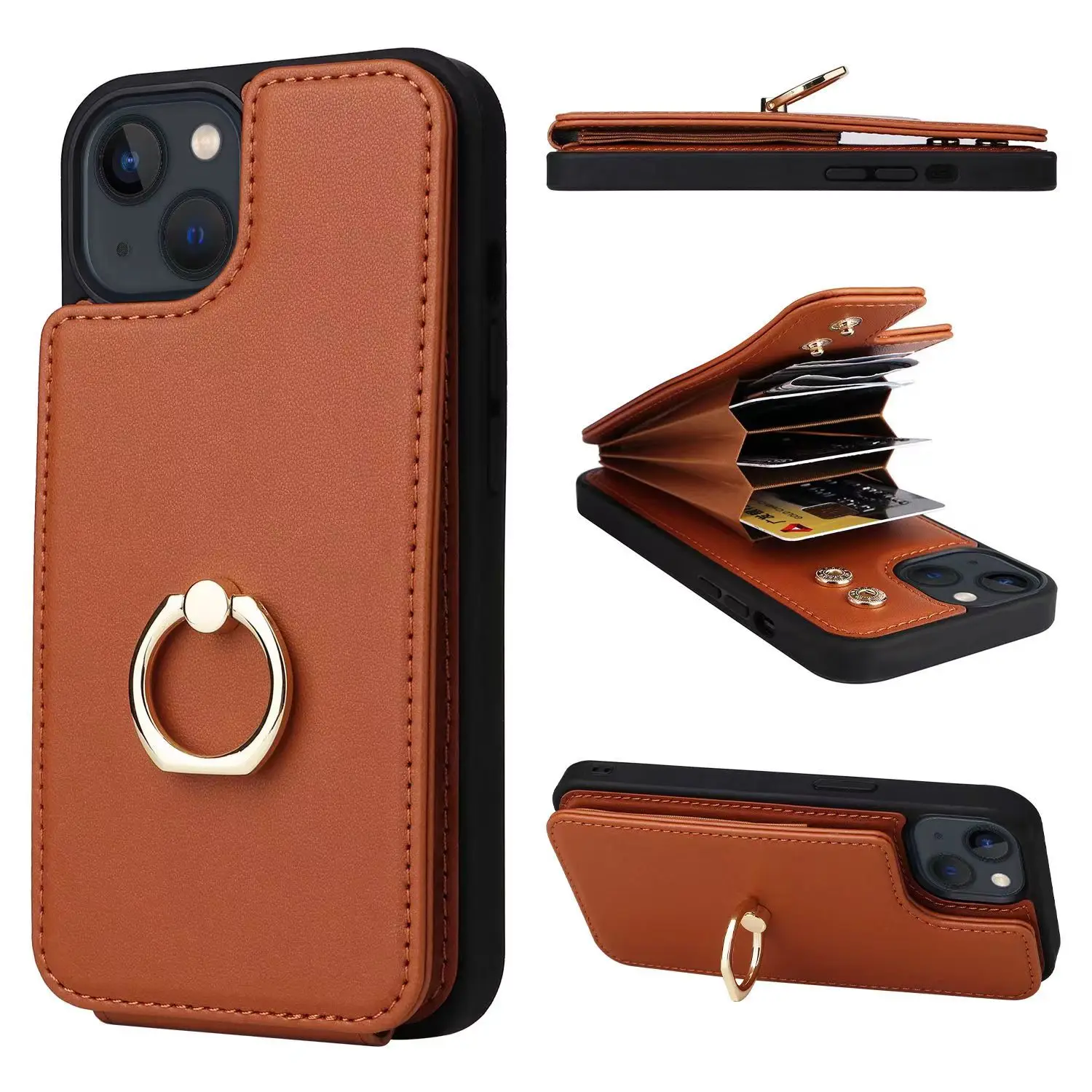 For iPhone13/12pro/11pro MAX /12 Case Wallet with Card Holder Protection RFID Blocking Dual Button Flip Shockproof Cover