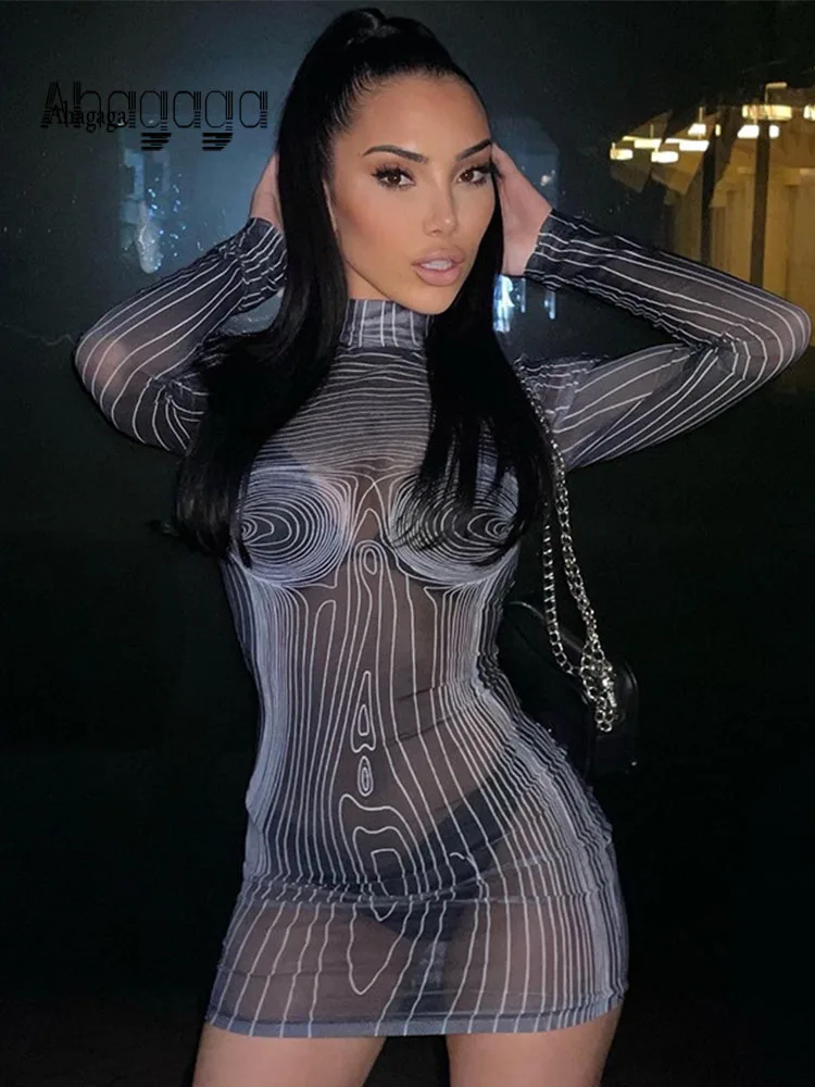 

AHAgaga Sexy Print Dress Women Striped Mesh See Through Long Sleeve Skinny Sheath Dresses Women Casual Lady Vestido 2022 Autumn