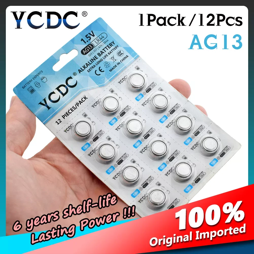 12pcs/1Card YCDC AG 13 Button Battery 1.5V SR44SW L1154 RW82 RW42 LR44 357 AG13 Coin Cell Batteries for Watch Calculator toys