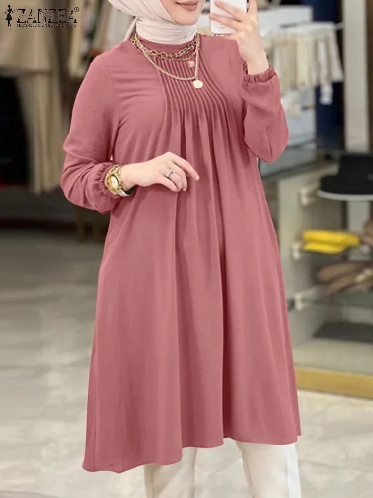 

ZANZEA Fashion Muslim Blouse Female Stand Collar Solid Color Blusas Elegant Holiday Party Tops Spring Islamic Clothing Ramadan