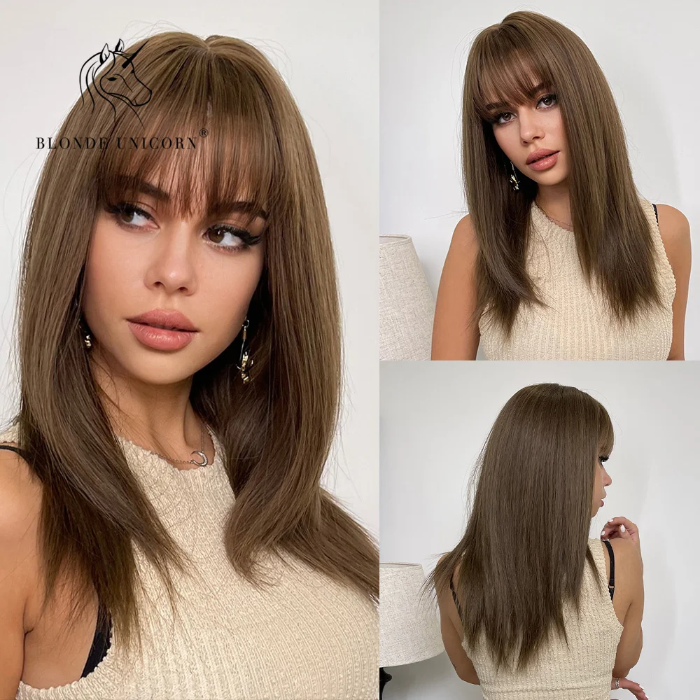

Blonde Unicorn Medium Long Synthetic Wigs with Bangs Straight Hair Wig Dark Brown Blonde Party Daily Wigs Heat Resistant Fiber