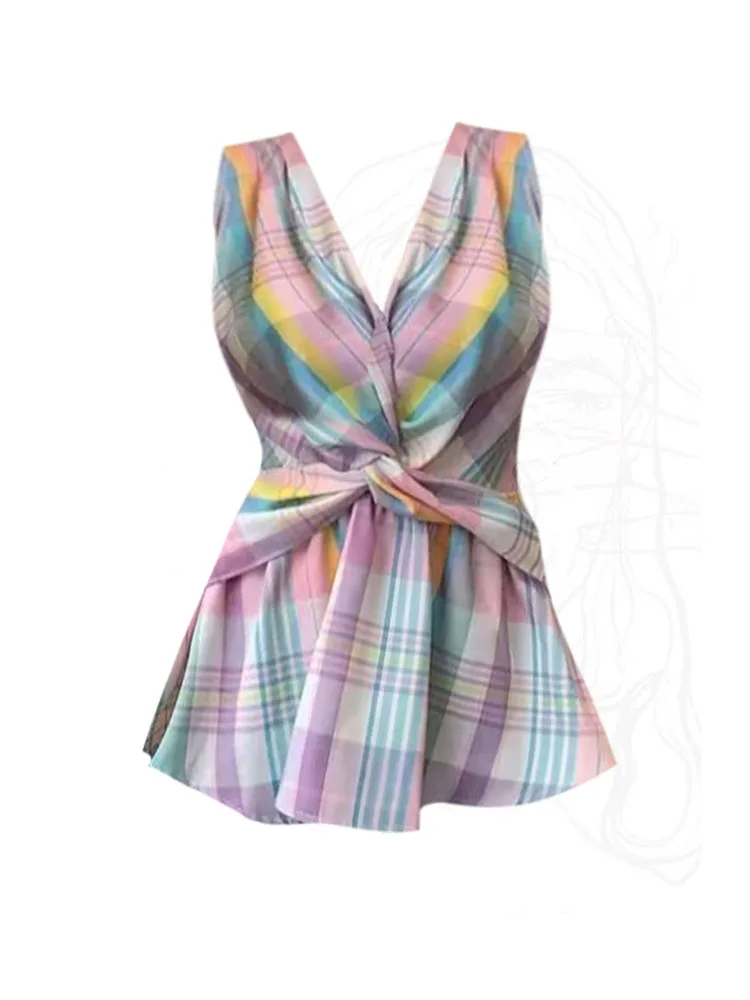 Милая клетчатая майка во французском праздничном стиле осень 2024 новый тонкий