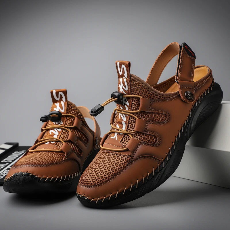Summer Mens Sandals Leather Mesh Beach Outdoor Water Breathable Comfortable Slipper Rubber Classic  Non-slip Big Size38-48