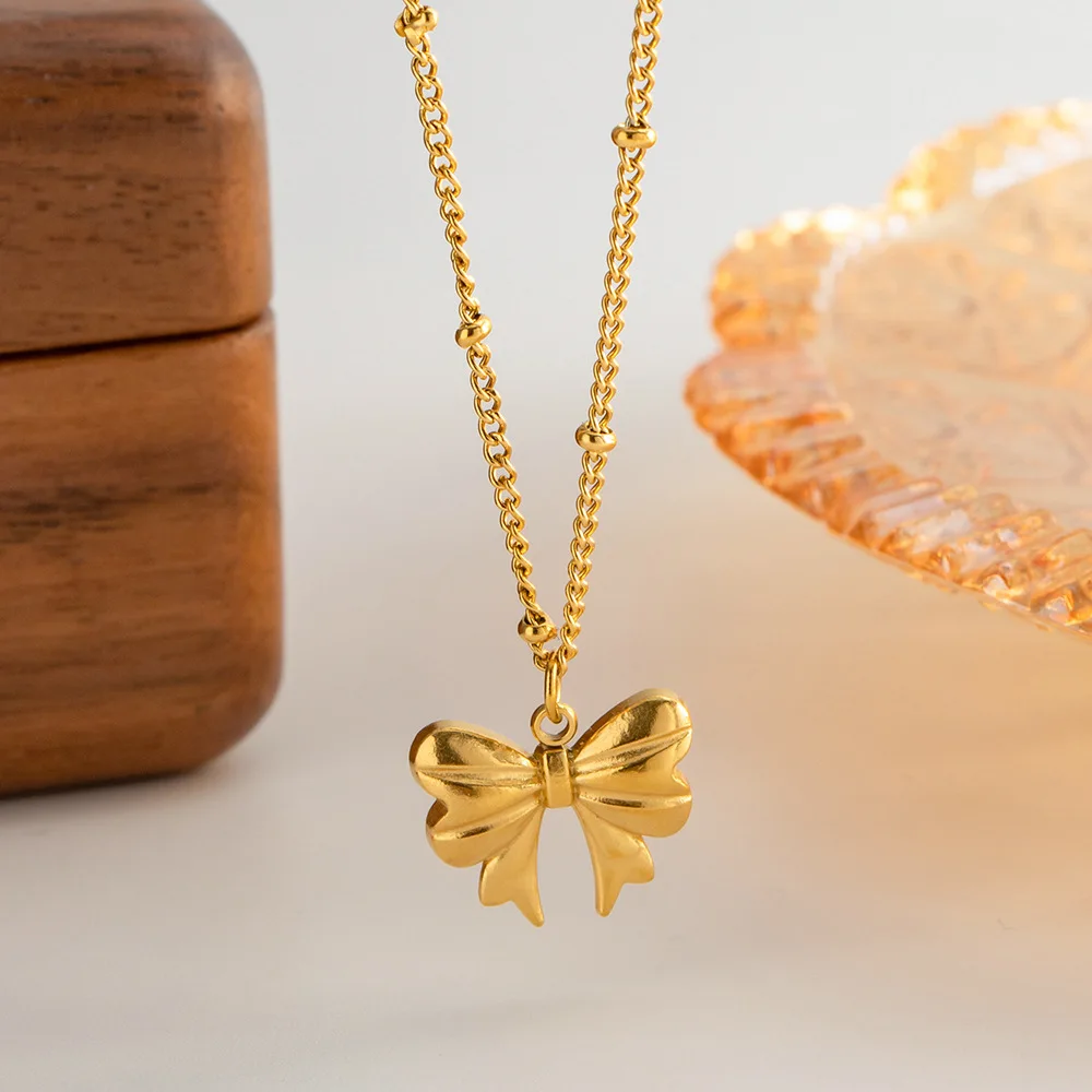 

French Vintage Butterfly Pendant Stainless Steel Link Chain Collar Necklace Golden Ladies Trendy Fashion Jewelry Gift
