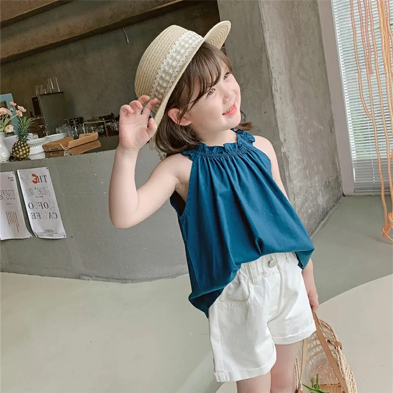 Летняя майка для маленьких девочек топ без рукавов жилет Холтер однотонная