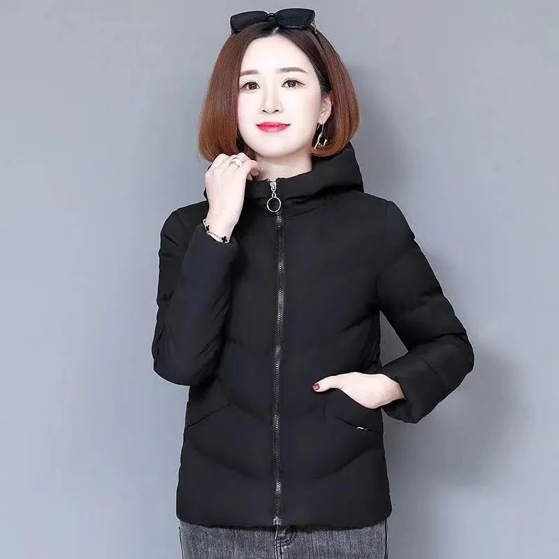 Down Cotton Jacket Women 2022 Winter New Korean Slim Fashion Casual All-match Parkas Female Hooded Print Short Padded Coat