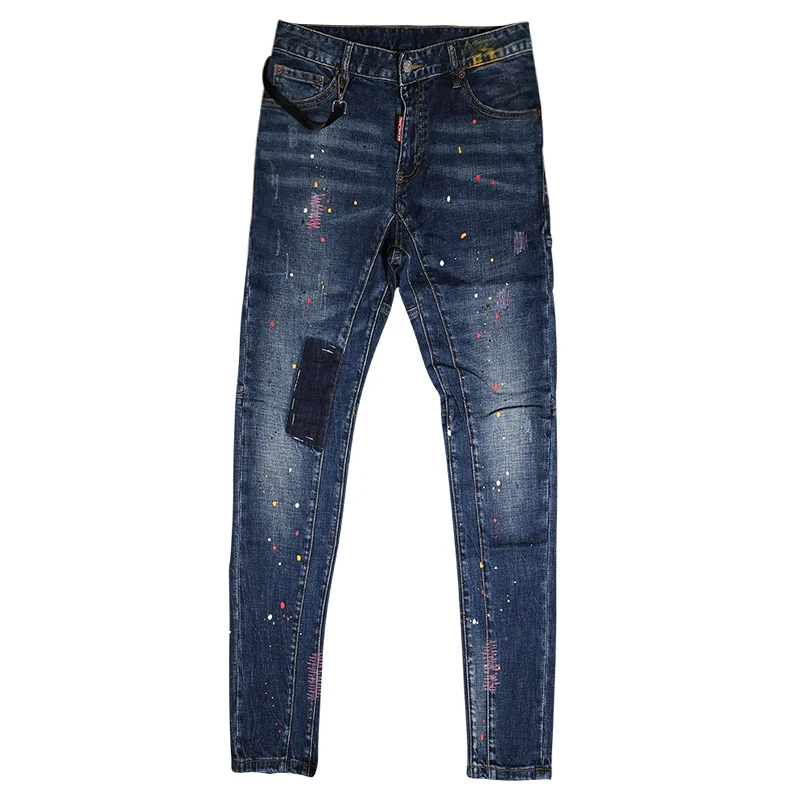 Streetwear Fashion Men Jeans Retro Blue Stretch Slim Fit Spliced Ripped Biker Jeans Homme Painted Designer Hip Hop Pants Men
