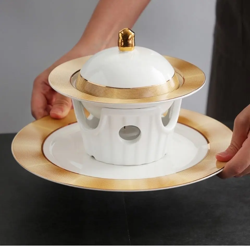 

Stew Pot Ceramic Stew Bowl Hotel Color Gold Stewed Spherical Soup Dessert Bowl Outline In Gold Cup with Dish Plate Tray