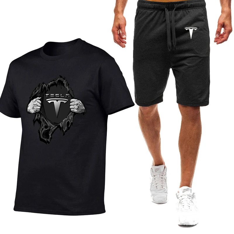 

2023 New Men's Tesla Printing Fashion Summer Short-Sleeved Solid Color Cotton Round Collar Casual T-Shirt Sportpants 2-Piece Set